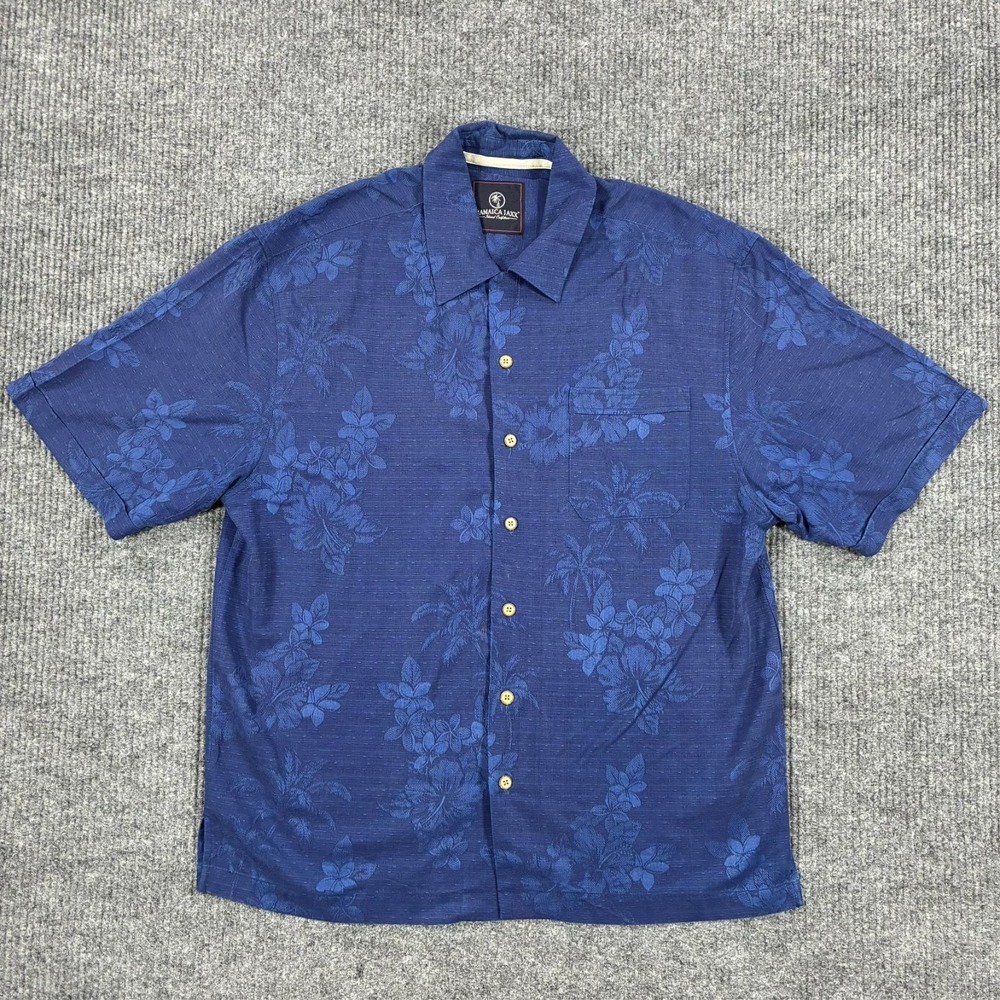 Jamaica Jaxx Mens Size Large Blue Hawaiian Camp Shirt Floral Tropical Aloha